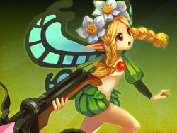 Rule 34 | 1girl, :o, amg192003, blonde hair, braid, butterfly wings, fairy, flower, hair flower, hair ornament, insect wings, long sleeves, mercedes (odin sphere), odin sphere, puff and slash sleeves, puffy shorts, puffy sleeves, red eyes, running, shorts, solo, twin braids, weapon, wings