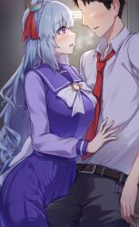 Rule 34 | 1boy, 1girl, belt, blue hair, blush, breasts, commentary request, exren, faceless, faceless male, heavy breathing, highres, horse girl, large breasts, long hair, looking at another, mejiro ardan (umamusume), purple eyes, school uniform, sweat, thighhighs, tracen school uniform, trainer (umamusume), umamusume