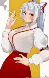 Rule 34 | 1girl, 2022, absurdres, artist name, bow, breasts, cigarette, cleavage, collared shirt, dated, fang, fujiwara no mokou, grin, hair bow, hand on own hip, highres, holding, holding cigarette, large breasts, long hair, long sleeves, looking at viewer, ponytail, puffy sleeves, red eyes, red skirt, shirt, sidelocks, simple background, skirt, smile, smoke, solo, suspenders, touhou, twitter username, white hair, white shirt, yokuaka