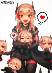 Rule 34 | &gt;:d, 5girls, :d, armband, artist name, bad id, bad pixiv id, black gloves, blush, chibi, closed eyes, fang, girls&#039; frontline, gloves, heart, highres, jacket, long hair, long sleeves, looking at viewer, m4 sopmod ii (girls&#039; frontline), multicolored hair, multiple girls, open mouth, pink hair, pixel heart, red eyes, red hair, simple background, smile, spoken heart, streaked hair, v-shaped eyebrows, white background, xanax025