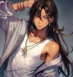Rule 34 | 1boy, braid, brown hair, closed mouth, dark-skinned male, dark skin, expressionless, gold bracelet, grey background, grey eyes, grey sweater, hair down, harusame bia, highres, jamil viper, jewelry, long hair, looking at viewer, male focus, multiple bracelets, necklace, solo, sweater, tank top, twisted wonderland, twitter username, white tank top
