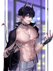 Rule 34 | 1boy, absurdres, black choker, black gloves, black nails, black shirt, blue pants, blurry, blurry foreground, choker, demon boy, demon horns, demon tail, dog tags, earrings, fangs, fingerless gloves, gloves, heart, heart-shaped pupils, highres, holding, horns, jewelry, looking at viewer, marius von hagen (tears of themis), muscular, muscular male, nail polish, navel, nipples, open clothes, open mouth, open shirt, pants, pointy ears, purple eyes, purple hair, shirt, short hair, solo, symbol-shaped pupils, tail, tattoo, tears of themis, teeth, window, xiximie (user uhde8732)