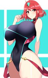 Rule 34 | 1girl, black one-piece swimsuit, breasts, chest jewel, competition swimsuit, covered navel, headpiece, hifumi hajime, highleg, highres, large breasts, one-piece swimsuit, pyra (pro swimmer) (xenoblade), pyra (xenoblade), red eyes, red hair, red one-piece swimsuit, ribbed swimsuit, short hair, solo, strapless, strapless one-piece swimsuit, swept bangs, swimsuit, tiara, two-tone swimsuit, xenoblade chronicles (series), xenoblade chronicles 2