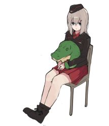 Rule 34 | 10s, 1girl, akagawa007, alligator, ankle boots, bad id, bad twitter id, black footwear, black hat, black jacket, black socks, blue eyes, boots, closed mouth, commentary, crocodilian, dress shirt, frown, garrison cap, girls und panzer, hair ornament, hairclip, hat, highres, holding, itsumi erika, jacket, kuromorimine military uniform, long hair, long sleeves, looking at viewer, military, military hat, military uniform, miniskirt, pleated skirt, red shirt, red skirt, shirt, silver hair, simple background, sitting, skirt, socks, solo, stuffed animal, stuffed toy, uniform, white background, wing collar, wooden chair