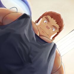 Rule 34 | 1boy, absurdres, bara, blush, brown hair, facial hair, foreshortening, from below, goatee, goatee stubble, grey tank top, highres, konpei daidai, large pectorals, looking at viewer, looking down, male focus, meme, muscular, muscular male, nipple slip, nipples, pectoral cleavage, pectoral focus, pectorals, photo-referenced, short hair, sidepec, solo, spirit, stubble, tamamura gunzo, tank top, tareme, thick eyebrows, tokyo houkago summoners, upper body, yur oc like this (meme)