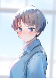 Rule 34 | 1girl, blurry, blurry background, blush, breasts, highres, indoors, looking at viewer, looking to the side, medium breasts, okeno kamoku, original, school uniform, shirt, short hair, signature, solo, upper body, vest, white shirt