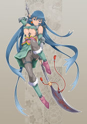 Rule 34 | 1girl, arm up, armor, bare shoulders, black gloves, black pantyhose, blue eyes, blue hair, breasts, cameltoe, copyright request, detached sleeves, earrings, eyes visible through hair, fingerless gloves, floral background, full body, fur trim, gloves, green skirt, grey background, guan dao, highres, holding, jewelry, long hair, long sleeves, maruto!, matching hair/eyes, medium breasts, outline, pantyhose, parted lips, pink footwear, polearm, shoes, skirt, solo, spear, thigh strap, tsurime, underboob, very long hair, weapon
