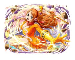 Rule 34 | 1girl, breasts, brown eyes, cleavage, clima-tact, dress, gloves, headphones, large breasts, lightning, long hair, nami (one piece), neckerchief, official art, one piece, one piece treasure cruise, open mouth, orange dress, orange hair, red neckerchief, teeth, yellow gloves