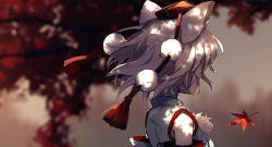Rule 34 | 1girl, animal ears, autumn leaves, bad id, bad pixiv id, blurry, blurry background, commentary request, depth of field, detached sleeves, dise (psychoro), from behind, hat, inubashiri momiji, leaf, maple leaf, pom pom (clothes), shirt, short hair, solo, tokin hat, touhou, upper body, weapon, white hair, white shirt, wolf ears