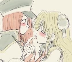 Rule 34 | 00s, 2girls, blonde hair, blush, broccoli (company), closed eyes, licking finger, forte stollen, galaxy angel, holding hands, hat, licking, lowres, multiple girls, ranpha franboise, red hair, yuri