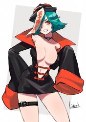 Rule 34 | 1girl, absurdres, belt, breasts, chinese clothes, choker, dress, flipped hair, green hair, grin, hair over one eye, hat, heart o-ring, high collar, highres, jiangshi, large breasts, looking at viewer, mole, mole under eye, navel, o-ring, o-ring choker, ofuda, orange eyes, original, plunging neckline, qingdai guanmao, short hair, sleeves past fingers, sleeves past wrists, smile, solo, thigh belt, thigh strap, yau5531