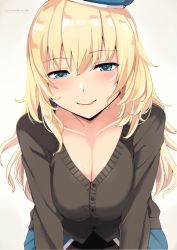 Rule 34 | 1girl, atago (kancolle), beret, blonde hair, blue eyes, blush, breasts, cardigan, cleavage, collarbone, commentary request, eyebrows, gradient background, gradient hair, hair between eyes, hat, kantai collection, large breasts, long hair, looking at viewer, multicolored hair, nuko (mikupantu), shiny skin, skirt, smile, solo, tongue, tongue out, twitter username, white background