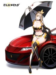 Rule 34 | 1girl, arm support, bare shoulders, belt, blonde hair, boots, breasts, car, choker, cleavage, closers, collarbone, crop top, cropped vest, elbow gloves, frown, gloves, green eyes, hairband, harpy (closers), high heel boots, high heels, holding, holding umbrella, large breasts, long hair, looking at viewer, midriff, miniskirt, motor vehicle, navel, official art, on vehicle, open clothes, parted lips, race queen, showgirl skirt, sitting, skirt, sleeveless, solo, stomach, sweatdrop, thigh boots, thighhighs, thighs, umbrella, very long hair, vest