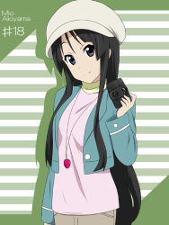 Rule 34 | 1girl, akiyama mio, black hair, blue eyes, breasts, camera, character name, female focus, hat, heart, hime cut, ikari manatsu, jacket, jewelry, k-on!, long hair, medium breasts, necklace, smile, solo