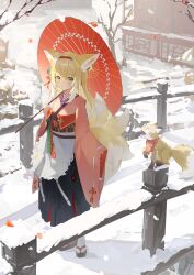 Rule 34 | 1girl, :o, absurdres, animal ear fluff, animal ears, apron, architecture, arknights, bare tree, black hakama, blonde hair, blush, east asian architecture, floral print, flower, fox, fox ears, fox girl, fox tail, frilled apron, frills, full body, green eyes, hair flower, hair ornament, hairband, hakama, hakama skirt, highres, holding, holding umbrella, japanese clothes, kimono, kitsune, kyuubi, long hair, long sleeves, looking at viewer, multicolored hair, multiple tails, obi, official alternate costume, oil-paper umbrella, okobo, outdoors, parted lips, pink kimono, pinwheel, pleated skirt, red hairband, red umbrella, sandals, sash, sidelocks, skirt, snow, socks, solo, suzuran (arknights), suzuran (yukibare) (arknights), tabi, tail, tassel, teketi, tree, two-tone hair, umbrella, waist apron, white apron, white hair, white socks, wide sleeves, winter, zouri