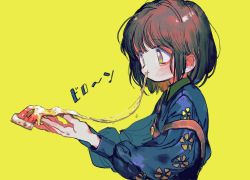 Rule 34 | 1girl, black hair, blouse, blue shirt, blush, cheese trail, commentary request, dobunomeme, food, from side, hands up, highres, holding, holding food, long sleeves, looking at food, original, pizza, purple eyes, shirt, short hair, simple background, solo, translation request, upper body, yellow background
