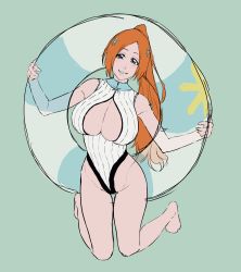 Rule 34 | 1girl, absurdres, adapted costume, bare legs, barefoot, bleach, breasts, cleavage, curvy, front zipper swimsuit, highleg, highleg swimsuit, highres, inoue orihime, iwao178, large breasts, long hair, looking at viewer, meme attire, multicolored clothes, multicolored swimsuit, one-piece swimsuit, orange hair, ponytail, purple eyes, simple background, smile, solo, swimsuit, thighs, very long hair