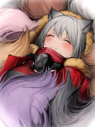 Rule 34 | 1girl, ^ ^, absurdres, animal ears, arknights, blush, clenched teeth, closed eyes, commentary, grey hair, highres, hood, horn (arknights), lappland (arknights), lunacub (arknights), lying, mask, mask around neck, on back, penance (arknights), pozyomka (arknights), projekt red (arknights), provence (arknights), smile, tab head, tail, teeth