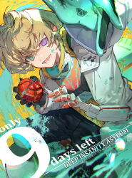 Rule 34 | 1boy, bishounen, blonde hair, character request, commentary, cowboy shot, deep insanity, english commentary, english text, explosive, gloves, green eyes, grenade, heterochromia, highres, male focus, nozaki tsubata, official art, open mouth, purple eyes, short hair, solo