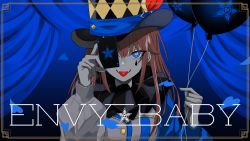 Rule 34 | 1girl, absurdres, asymmetrical sleeves, balloon, blue curtain, blue eyes, blue theme, brown hair, card, clown, colored skin, commentary request, confetti, curtains, envy baby (vocaloid), framed, grey skin, hat, hat ornament, highres, holding, holding balloon, holding card, hololive, long hair, long sleeves, looking at viewer, mismatched sleeves, neck ruff, official art, puffy long sleeves, puffy sleeves, shirokumo 46, solo, song name, stage, stage curtains, star (symbol), star hat ornament, teardrop facial mark, teeth, tokino sora, tongue, tongue out, top hat, virtual youtuber, vocaloid
