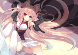 Rule 34 | 1girl, absurdres, animal ear fluff, animal ears, armpits, arms up, blonde hair, blush, detached sleeves, fox ears, fox tail, highres, long hair, original, p19, red eyes, sitting, skirt, solo, tail, thighhighs, very long hair, white background