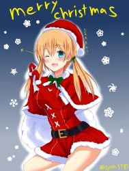 Rule 34 | 10s, 1girl, ;d, absurdres, blonde hair, blue eyes, christmas, gloves, hair ribbon, hat, highres, kantai collection, long hair, one eye closed, open mouth, prinz eugen (kancolle), red gloves, ribbon, santa costume, santa hat, smile, solo, syun3783, twintails, twitter username