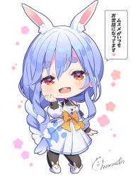 Rule 34 | 1girl, animal ears, animal slippers, black pantyhose, blue hair, blush, bow, braid, braided ponytail, bunny slippers, chibi, commentary request, dress, full body, hair between eyes, hair over shoulder, hand on own cheek, hand on own face, highres, hololive, long hair, looking at viewer, mature female, momone cco, multicolored hair, open mouth, pantyhose, pekomama, rabbit ears, red eyes, sash, short eyebrows, signature, single braid, slippers, smile, solo, streaked hair, teeth, thick eyebrows, upper teeth only, virtual youtuber, waist bow, white dress, white footwear, white hair