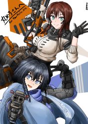 Rule 34 | 2girls, absurdres, alternator, ammoradio1337, animification, aqua eyes, black gloves, black hair, blue eyes, blue scarf, braid, breasts, brown hair, c.a.r. smg, commission, gloves, gun, highres, holding, holding gun, holding weapon, large breasts, long hair, medium skirt, multiple girls, personification, pilot suit, scarf, skeb commission, skirt, smile, titanfall (series), titanfall 2, v, weapon