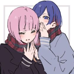 Rule 34 | 2girls, atenaba, black shirt, blue eyes, blue hair, blush, closed eyes, grey sweater, highres, kaf (kamitsubaki studio), kamitsubaki studio, long sleeves, looking at viewer, multicolored hair, multiple girls, own hands together, parted lips, pink hair, plaid, plaid scarf, red hair, red scarf, rim (kamitsubaki studio), scarf, shared clothes, shared scarf, shirt, simple background, sleeves past wrists, smile, streaked hair, sweater, upper body, whispering, white background, yellow pupils
