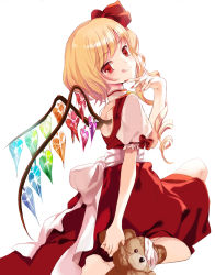 Rule 34 | 1girl, :d, bad id, bad pixiv id, bare back, blonde hair, cierra (ra-bit), drill hair, female focus, flandre scarlet, hair ribbon, nail polish, no headwear, open mouth, ra-bit, red eyes, ribbon, side ponytail, simple background, skirt, skirt set, smile, solo, stuffed animal, stuffed toy, teddy bear, tongue, tongue out, touhou, white background, wings