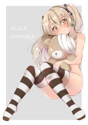 Rule 34 | 10s, 1girl, ashino, bandages, boko (girls und panzer), brown eyes, brown hair, character name, convenient leg, female focus, girls und panzer, hair ribbon, hairband, highres, long hair, looking at viewer, nude, ribbon, shimada arisu, side ponytail, solo, striped clothes, striped thighhighs, stuffed animal, stuffed toy, teddy bear, thighhighs