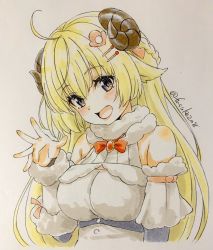 Rule 34 | 1girl, ahoge, blonde hair, blush, braid, breasts, brooch, crown braid, detached sleeves, dress, fur-trimmed collar, fur-trimmed dress, fur-trimmed sleeves, fur trim, fuusuke (fusuke208), hair ornament, hairclip, highres, hololive, horns, jewelry, long hair, looking at viewer, marker (medium), medium breasts, multicolored eyes, neck ribbon, open mouth, orange eyes, photo (medium), purple eyes, red ribbon, ribbon, sheep horns, simple background, smile, solo, straight hair, traditional media, tsunomaki watame, tsunomaki watame (1st costume), twitter username, upper body, virtual youtuber, waving, white background, white dress