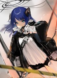 Rule 34 | 1girl, arknights, artist logo, black gloves, black halo, black scarf, black shorts, blouse, blue eyes, caution tape, cowboy shot, dark halo, demon horns, dutch angle, floating hair, gloves, halo, highres, horns, long hair, looking at viewer, mostima (arknights), scarf, sen (senro0o), shirt, short shorts, shorts, sketch, solo, white shirt, wiping mouth