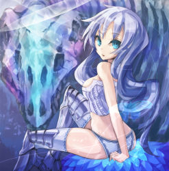 Rule 34 | 1girl, armor, bare shoulders, blue eyes, blue hair, breasts, female focus, fossil, greaves, long hair, matching hair/eyes, panties, pixiv fantasia, pixiv fantasia 5, pondel, sitting, solo, thighhighs, underwear, white thighhighs