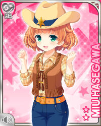 Rule 34 | 1girl, :d, blonde hair, bow, brown vest, card (medium), cowboy clothes, cowboy hat, denim, denim jeans, girlfriend (kari), green eyes, hasegawa miu, hat, looking at viewer, official art, open mouth, pink background, qp:flapper, shirt, short hair, smile, solo, standing, tagme, vest, yellow shirt