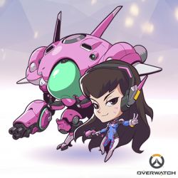 Rule 34 | 1girl, artist request, bodysuit, breasts, brown eyes, brown hair, chibi, copyright name, d.va (overwatch), facial mark, gloves, gun, headphones, long hair, lowres, mecha, meka (overwatch), official art, overwatch, overwatch 1, robot, small breasts, smile, solo, v, weapon, whisker markings