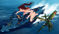 Rule 34 | 10s, 1girl, aircraft, bare legs, barefoot, blew andwhite, brown eyes, brown hair, english text, engrish text, feet, hair ornament, highres, i-401 (kancolle), jet ski, kantai collection, long hair, mecha, open mouth, ponytail, ranguage, revision, robot, school swimsuit, school uniform, serafuku, smile, soles, solo, swimsuit, swimsuit under clothes, textless version, toes, vehicle focus, vic viper (z.o.e.), water