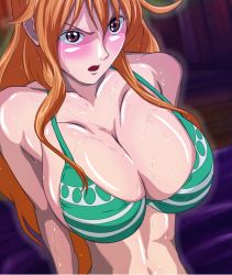 Rule 34 | 1girl, bare arms, bare shoulders, bikini, bikini top only, blush, breasts, cahlacahla, cleavage, highres, large breasts, long hair, looking at viewer, nami (one piece), one piece, orange hair, parted lips, raised eyebrows, red eyes, solo, sweat, swimsuit, upper body