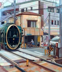 Rule 34 | 2boys, baseball cap, bicycle, blue shorts, building, cable, chinese commentary, hat, house, lamppost, liangwoyao, motor vehicle, multiple boys, original, railroad tracks, road, road sign, scenery, shop, shorts, sign, train, train conductor, truck, window