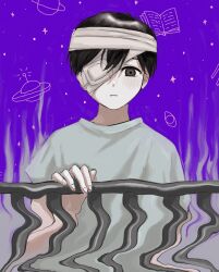 Rule 34 | 1boy, antenna hair, bandage over one eye, bandages, black eyes, black hair, blue shirt, closed mouth, fence, hair between eyes, highres, imminent suicide, male focus, official alternate costume, omori, one eye covered, purple sky, renshu usodayo, shirt, short hair, short sleeves, sky, space, spoilers, sunny (omori)