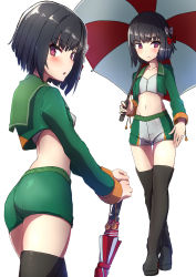 Rule 34 | 1girl, :o, alternate costume, black footwear, black hair, blush, boots, comala (komma la), green jacket, green sailor collar, hair ribbon, highres, ishigaki (kancolle), jacket, kantai collection, knee boots, long sleeves, midriff, multiple views, navel, open mouth, pink eyes, pom pom (clothes), race queen, ribbon, sailor collar, short hair, shorts, simple background, smile, standing, thigh boots, thighhighs, umbrella, white background
