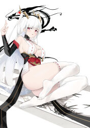 Rule 34 | 1girl, absurdres, azur lane, bare shoulders, breasts, center opening, detached sleeves, dragon horns, dragon tail, full body, hair on horn, highres, horns, japanese clothes, long hair, medium breasts, purple eyes, revealing clothes, ribbon-trimmed legwear, ribbon trim, shimanto (azur lane), simple background, solo, suo bu ye feng, tail, thighhighs, very long hair, white background, white hair, white tail, white thighhighs