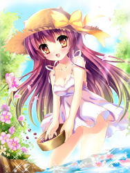 Rule 34 | 1girl, :d, bad id, bad pixiv id, blush, brown eyes, dress, flower, happy, hat, long hair, open mouth, pecorin, purple hair, ribbon, smile, solo, sun hat, tree, wading, water