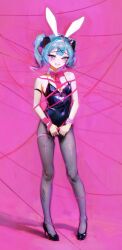 Rule 34 | 1girl, alternate costume, animal ears, bare shoulders, black footwear, black leotard, blue eyes, blue hair, breasts, clothing cutout, covered navel, entangled, fake animal ears, full body, hair ornament, hashtag-only commentary, hatsune miku, heart cutout, high heels, highres, leotard, looking at viewer, own hands together, pantyhose, pink background, pink ribbon, playboy bunny, pure pure (rabbit hole), rabbit ears, rabbit hole (vocaloid), ribbon, short twintails, small breasts, smile, solo, spaghetti strap, standing, sweetonedollar, twintails, vocaloid, x hair ornament