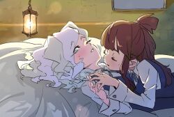 Rule 34 | 2girls, bed, blush, brown hair, closed eyes, diana cavendish, green eyes, holding hands, kagari atsuko, little witch academia, long hair, lying, multiple girls, nukosann, on back, on person, on stomach, open mouth, ponytail, sweat, white hair, yuri