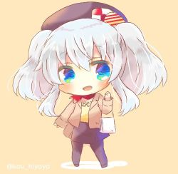 Rule 34 | 1girl, :d, alternate costume, bag, beret, black hat, black pantyhose, black skirt, blue eyes, blush, chibi, commentary request, full body, hair between eyes, halterneck, hat, holding, holding bag, jacket, kantai collection, kashima (kancolle), kerchief, kou hiyoyo, long hair, long sleeves, looking at viewer, looking to the side, lowres, mitsukoshi (department store), neckerchief, open mouth, pantyhose, red neckerchief, shirt, shopping bag, sidelocks, silver hair, simple background, skirt, smile, solo, twintails, yellow background, yellow jacket, yellow shirt