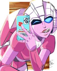 Rule 34 | 1girl, absurdres, arcee, autobot, backpack, bag, blue eyes, cellphone, dumbdelvon, glowing, glowing eyes, highres, humanoid robot, making faces, mechanical parts, one eye closed, phone, red lips, robot, selfie, smartphone, solo, tongue, tongue out, transformers, transformers: generation 1