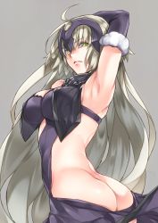 Rule 34 | 1girl, ahoge, arm above head, armpits, ass, breasts, cleavage, fate/grand order, fate (series), glaring, green eyes, grey background, grey hair, headpiece, jeanne d&#039;arc (fate), jeanne d&#039;arc alter (avenger) (fate), jeanne d&#039;arc alter (avenger) (third ascension) (fate), jeanne d&#039;arc alter (fate), large breasts, long hair, no panties, ruler (fate/grand order), solo, takatsuki ichi, very long hair