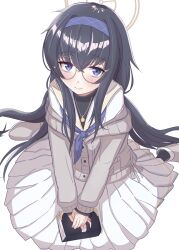 Rule 34 | 1girl, absurdly long hair, bags under eyes, black hair, blue archive, blue eyes, blue neckerchief, blush, book, cardigan, closed mouth, glasses, hairband, halo, highres, holding, holding book, jewelry, kain501i, long hair, long sleeves, neckerchief, off shoulder, pendant, round eyewear, shirt, simple background, sitting, skirt, slippers, smile, solo, ui (blue archive), v arms, very long hair, wariza, white background, white shirt, white skirt