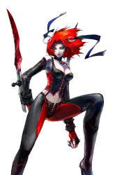 Rule 34 | 1girl, armor, bare shoulders, blood, bloodrayne, bloodrayne (videogame), choker, dhampir, elbow gloves, fingerless gloves, gloves, green eyes, half-human, half-undead, halterneck, high heels, jewelry, leather, leather armor, mixed species, navel, red hair, shoes, solo, sword, thighhighs, undead, vampire, weapon